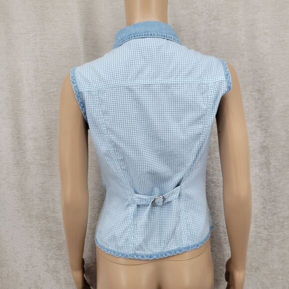 Sasson Vintage 90s Blue Gingham and Denim Sleeveless Pearl Snap Shirt Western - Picture 4 of 7